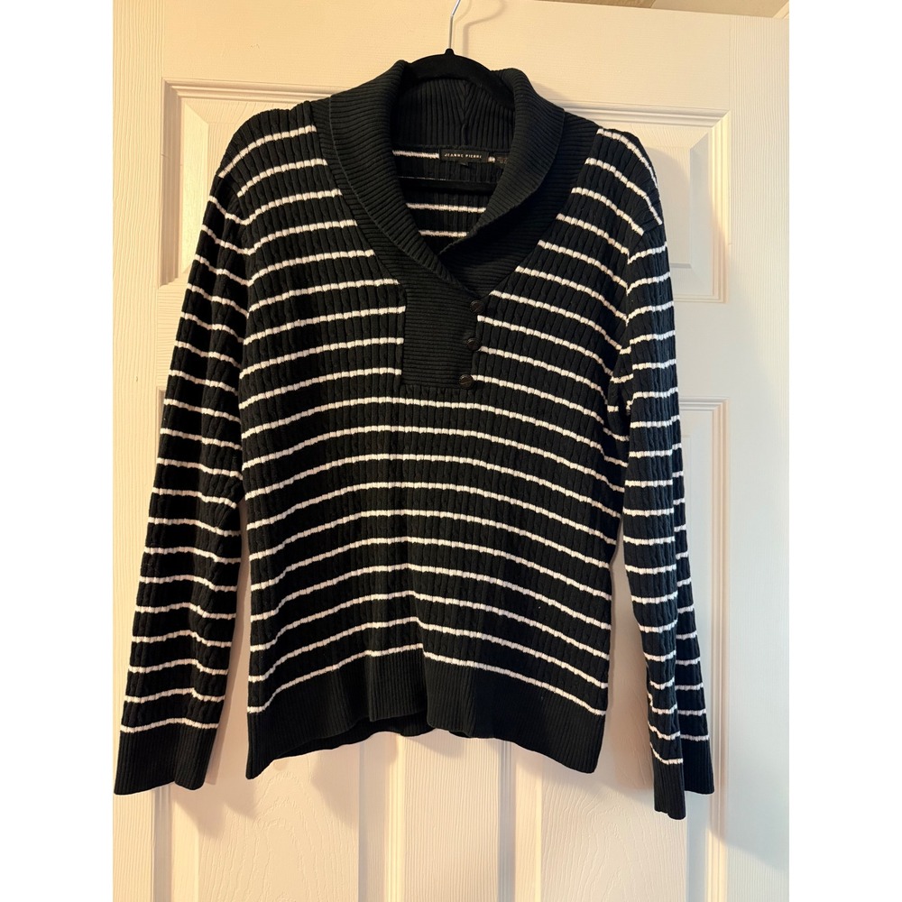Jeanne Pierre Womens XL Black White Striped Cable Knit Shawl Collar Sweater